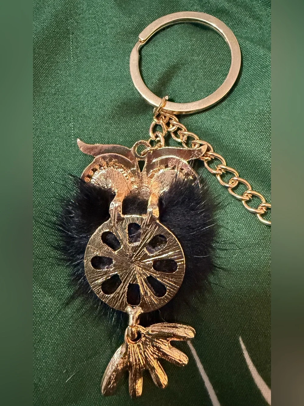 Gold Owl Keychain/Bag Charm with Emerald Eyes and Black Fur Pom